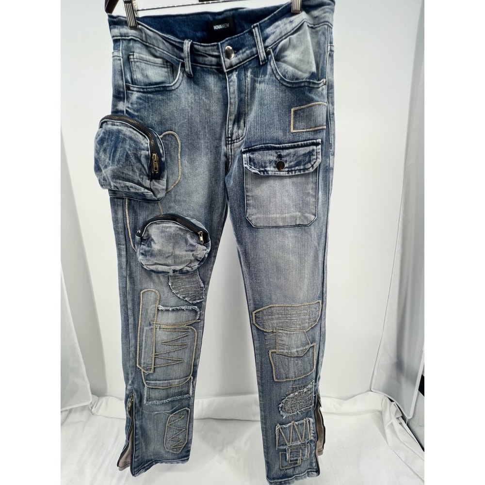 NOVAMEN Mens Designer Jeans Cargo Pockets Embellished Zip Ankle Blue Size 32 - Picture 1 of 13